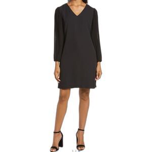 Sam Edelman Black V- Neck Sheer Accordion Pleat Puff Sleeves Dressy Shift Dress
